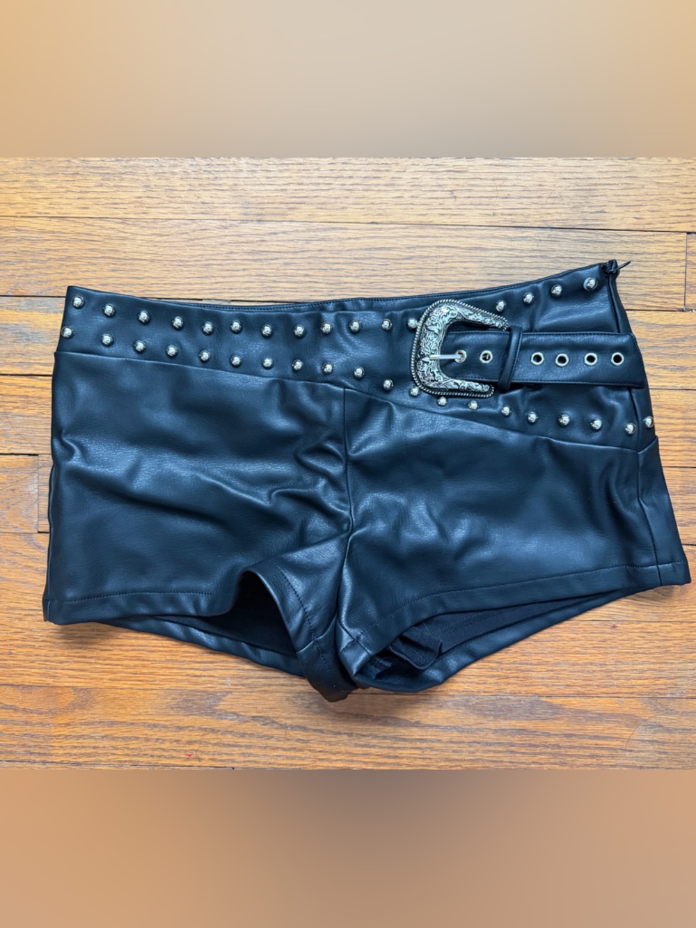 superdown Black Faux Leather Studded Bike Shorts with Decorative Buckle